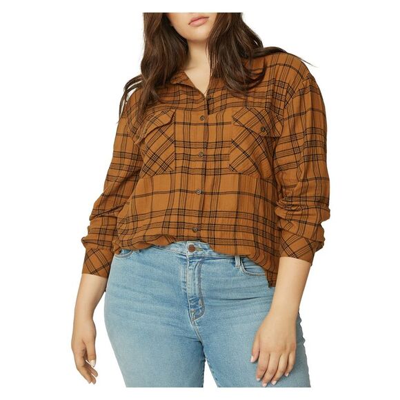 SANCTUARY Womens Brown Side Slits Hi Lo Hem Plaid Button Up Top Plus 3X - Picture 1 of 2